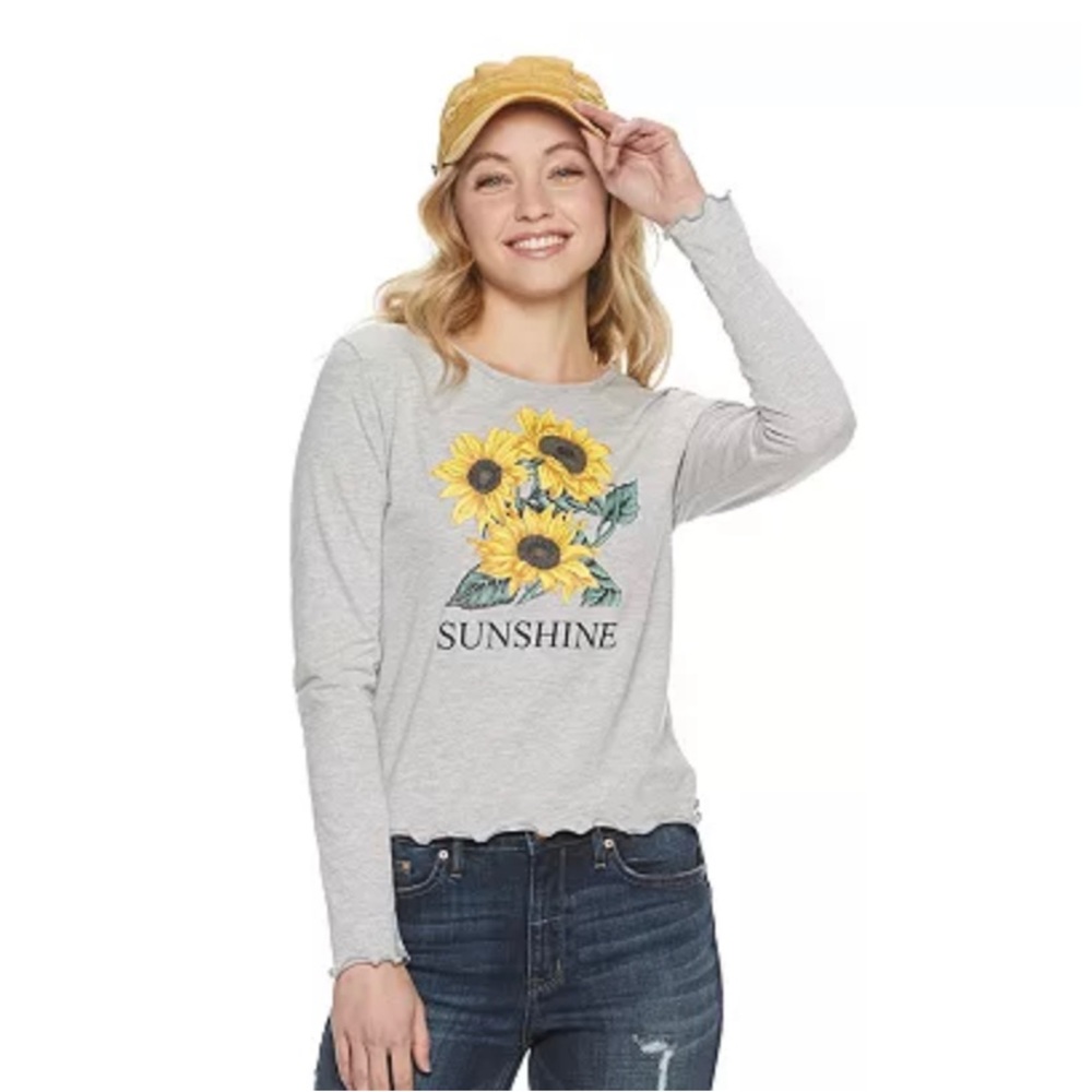 Juniors' Sunshine Sunflower Long Sleeve Baby Tee.  Small and New